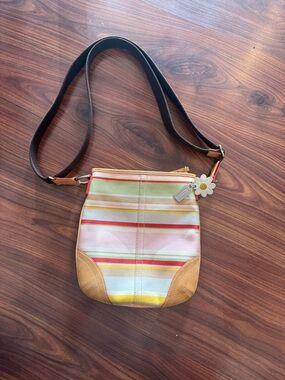 Coach Pastel Stripe Crossbody with Brown Strap and Daisy Charm